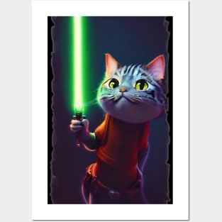 Fun Cat Print ~ AI Art ~ Fantasy Cat ~ Sci-fi Cat ~ Cats with Lightsabers Posters and Art